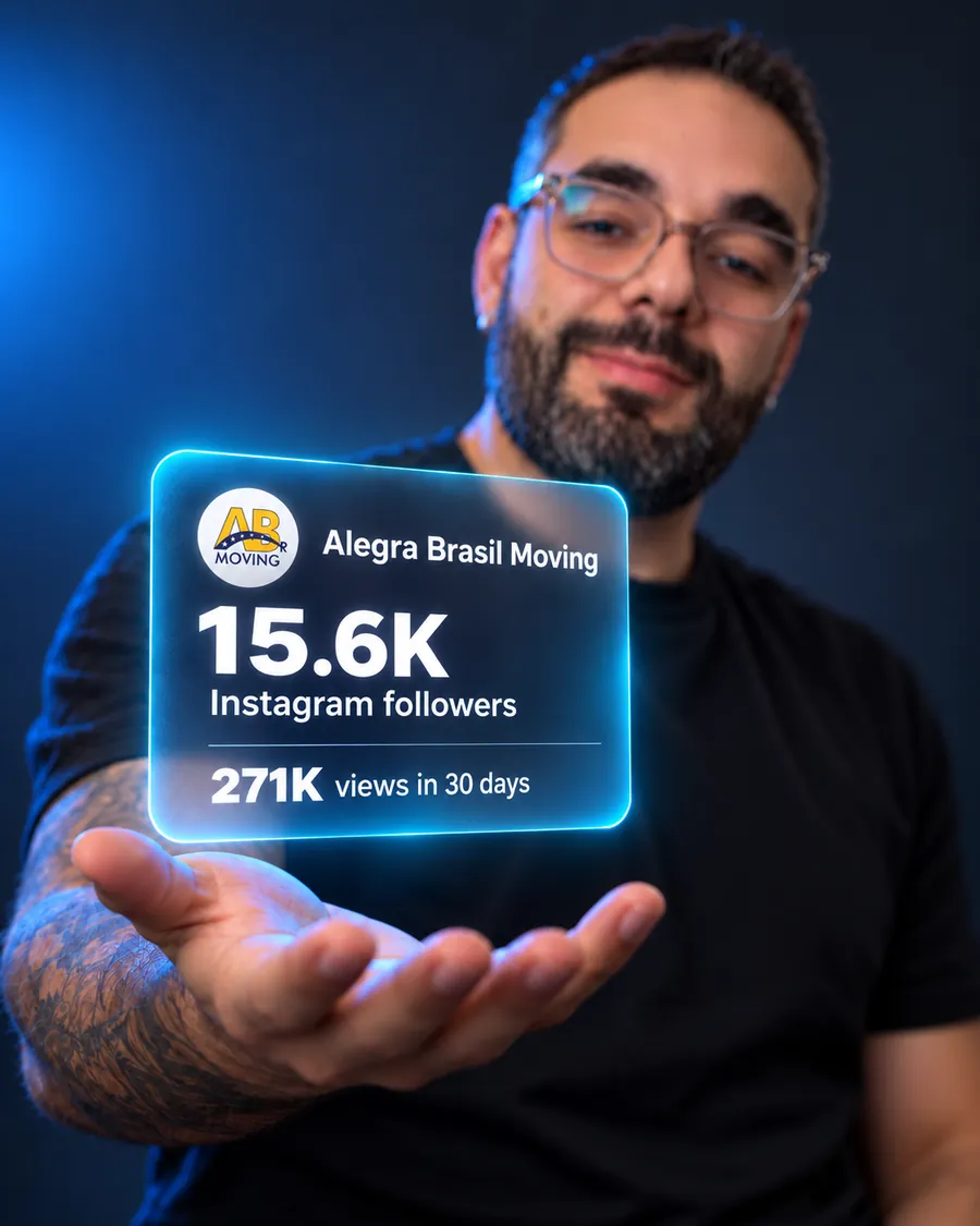 Guilherme segurando um card com os resultados da Alegra Brasil Moving: 15,6 mil seguidores no Instagram e 271 mil visualizações em 30 dias